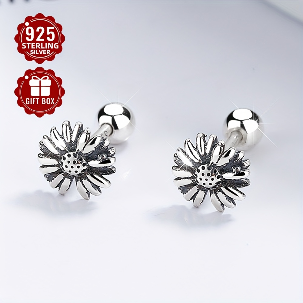 925 Silver Heart & Round Thread Ear Studs - Vintage Small Daisy Ear Bone Studs