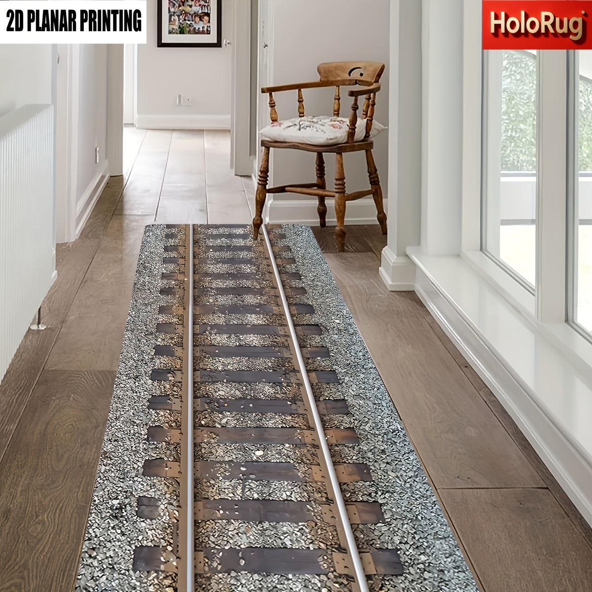 TEMU 1pc 2d Flat Printing Effect Retro Train Track Decorative Floor Mat, Machine-washable Decorative Carpet, Suitable For Bathroom, Bathtub Area, ,