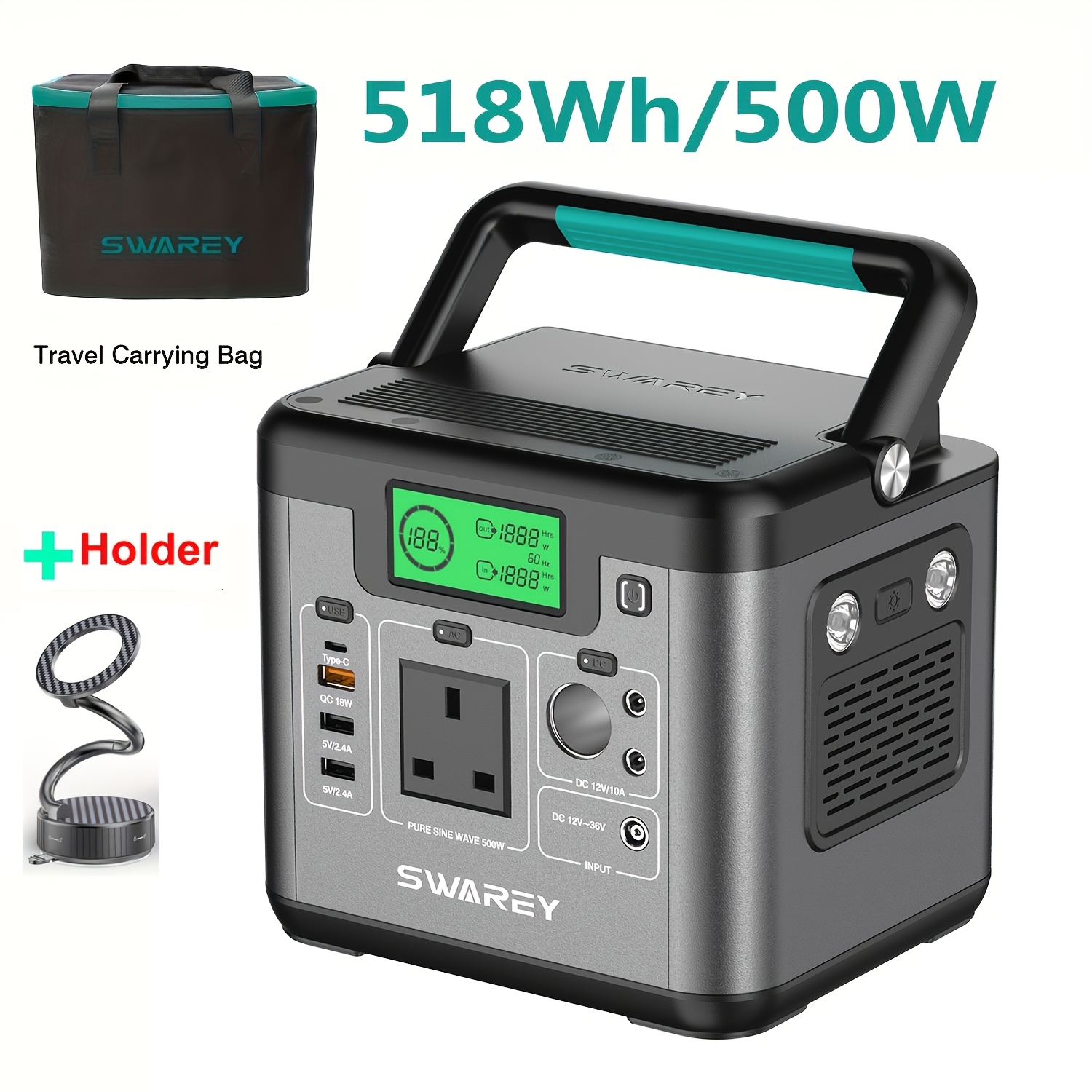 TEMU Swarey Pro Portable Power Station, A 518wh Lithium Battery Solar Generator Featuring A 500w ( 1000w) Ac Outlet And A 65w Usb-c Pd