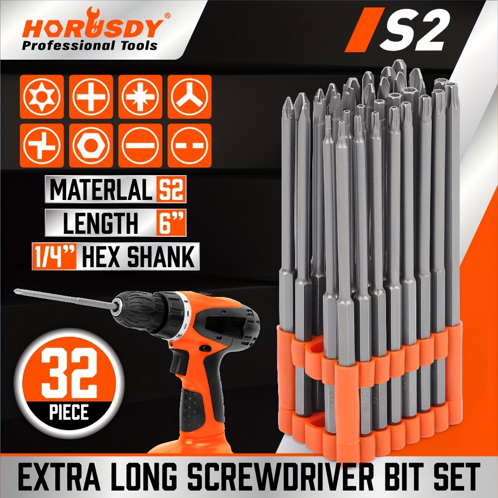 TEMU 32pcs Extra Long Set 6" Tamper Proof Torx Star Tri Wing Pozi 1/4" Hex Handle With Holder S2 Alloy Steel Heat Treatment