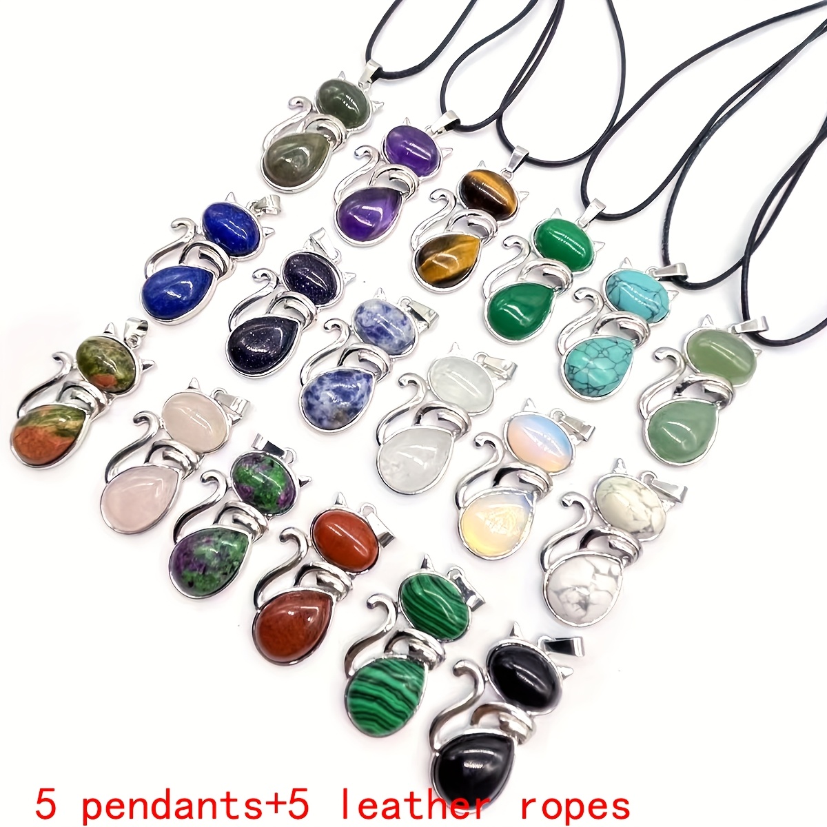 E-shop 10-teiliges Set modische Glücksanhänger mit Katzenmotiv in Natursteinfarben, mit verstellbarem schwarzem Kordelzug, geeignet für den täglichen