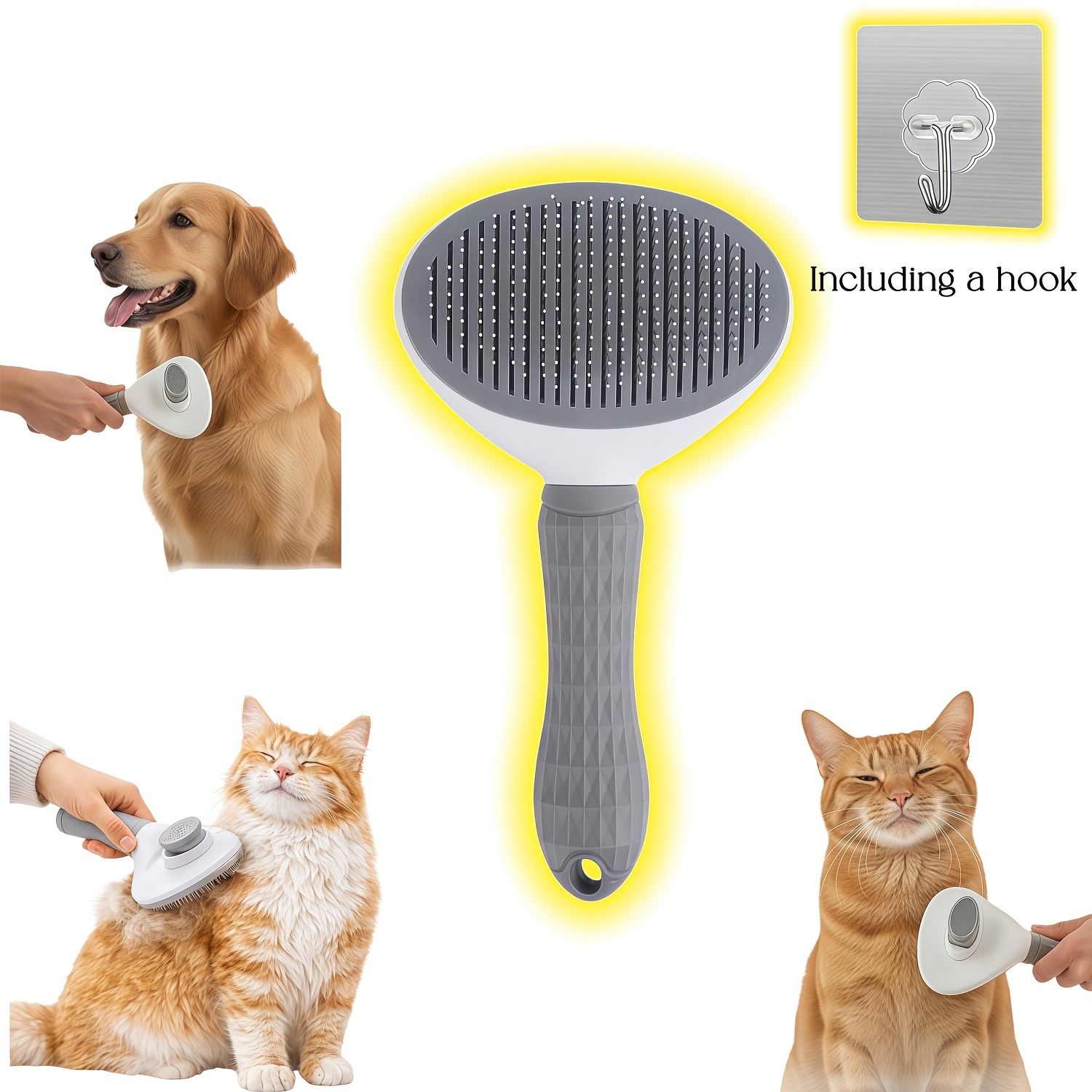TEMU 1pc One-button Self-cleaning Pet Comb With 1pc Hook, Easy Hair Removal, Cat And Dog Detangling Comb, Curved Needle Teeth Design, Massage,