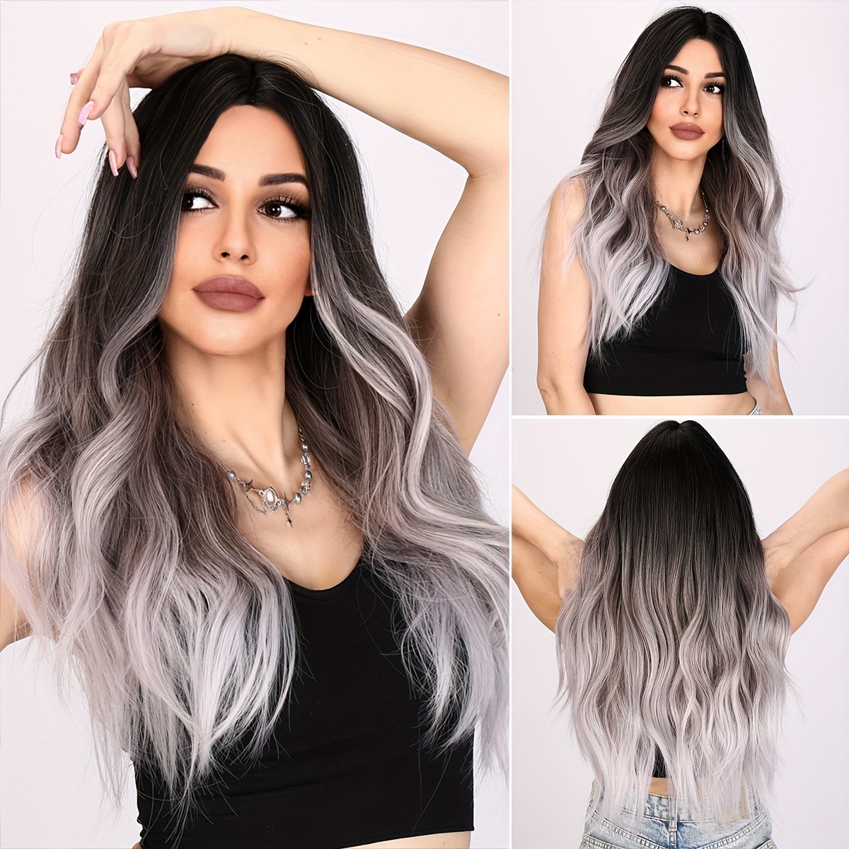 

26 Inch Synthetic Fiber Black Gray Gradually Changing Color, Loose And Wavy Natural Split Wig, Showcasing Your Unique Charm