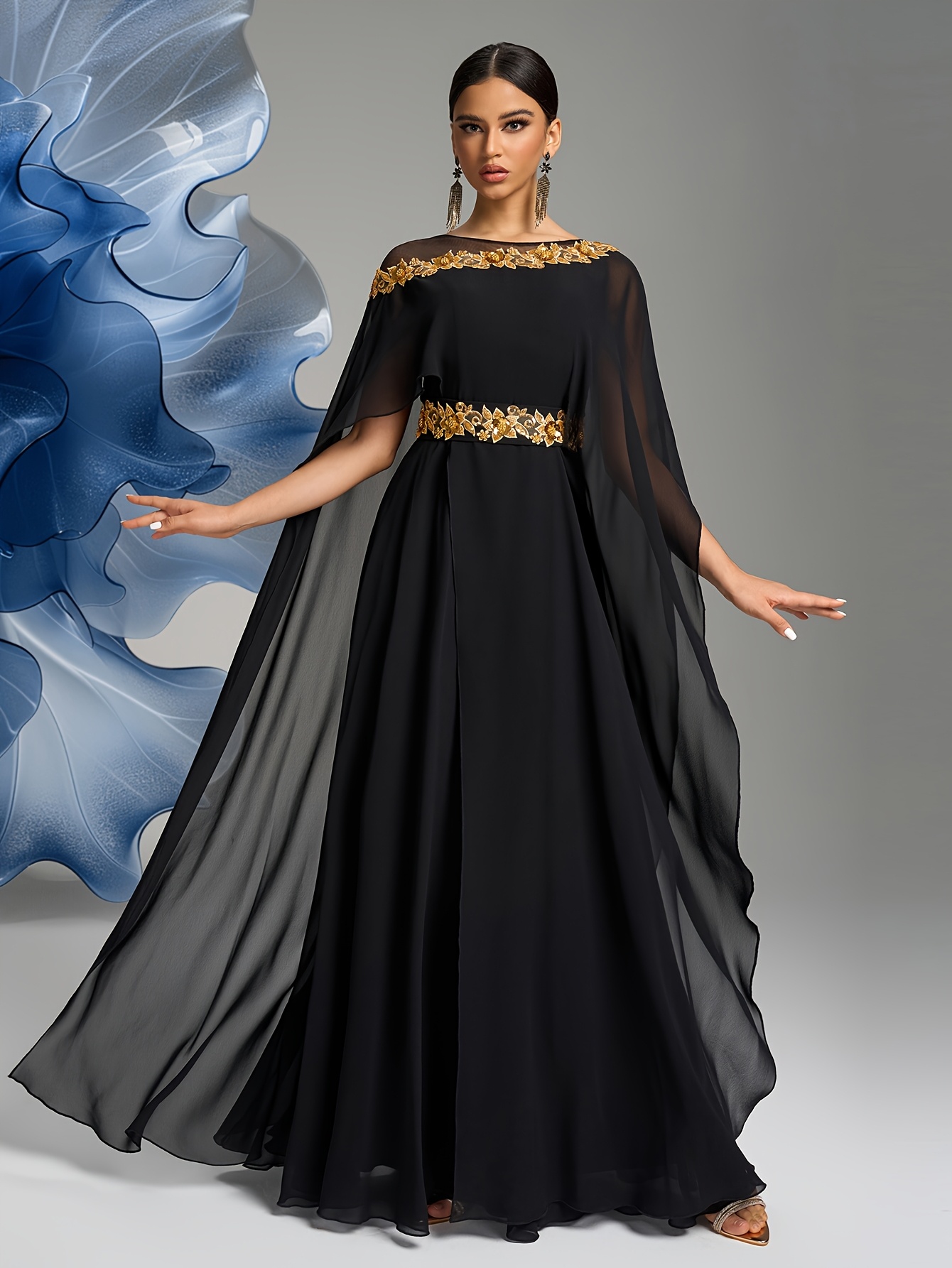 elegant black cape sleeve maxi dress golden embroidery floor