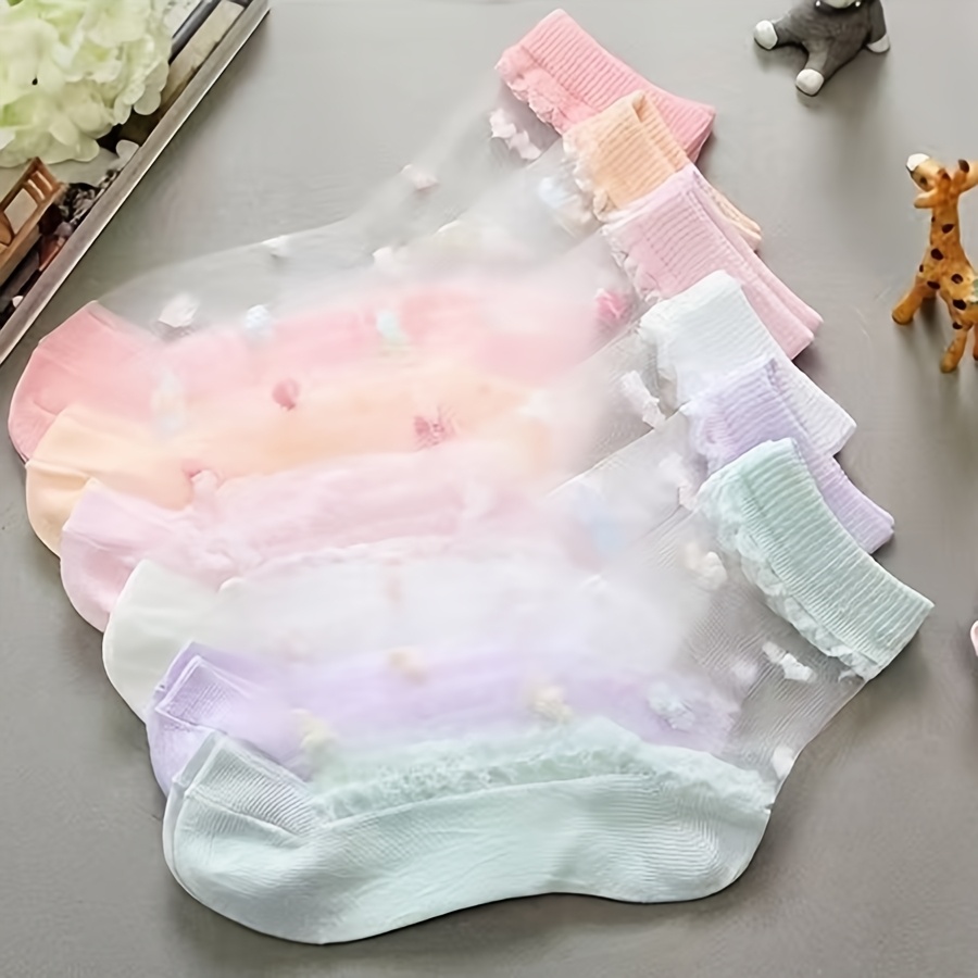E-shop 5 Paar niedliche Mädchensocken aus Ice-Silky-Faserstoff, sommerliche atmungsaktive feuchtigkeitsableitende Crew-Socken, verdickte,