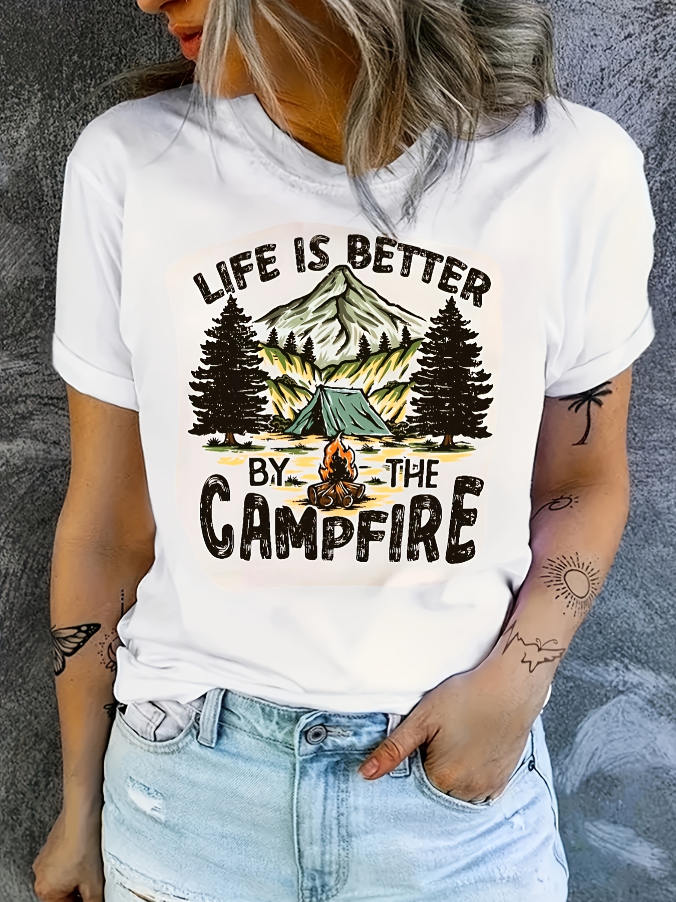 Summer T Shirt for Women Novelty Mountain Graphic Print Hiking Clothes  Summer Regular Fit Sleeveless Roundneck Cotton Tank Tops-S(Green-Camping)  at  Women's Clothing store