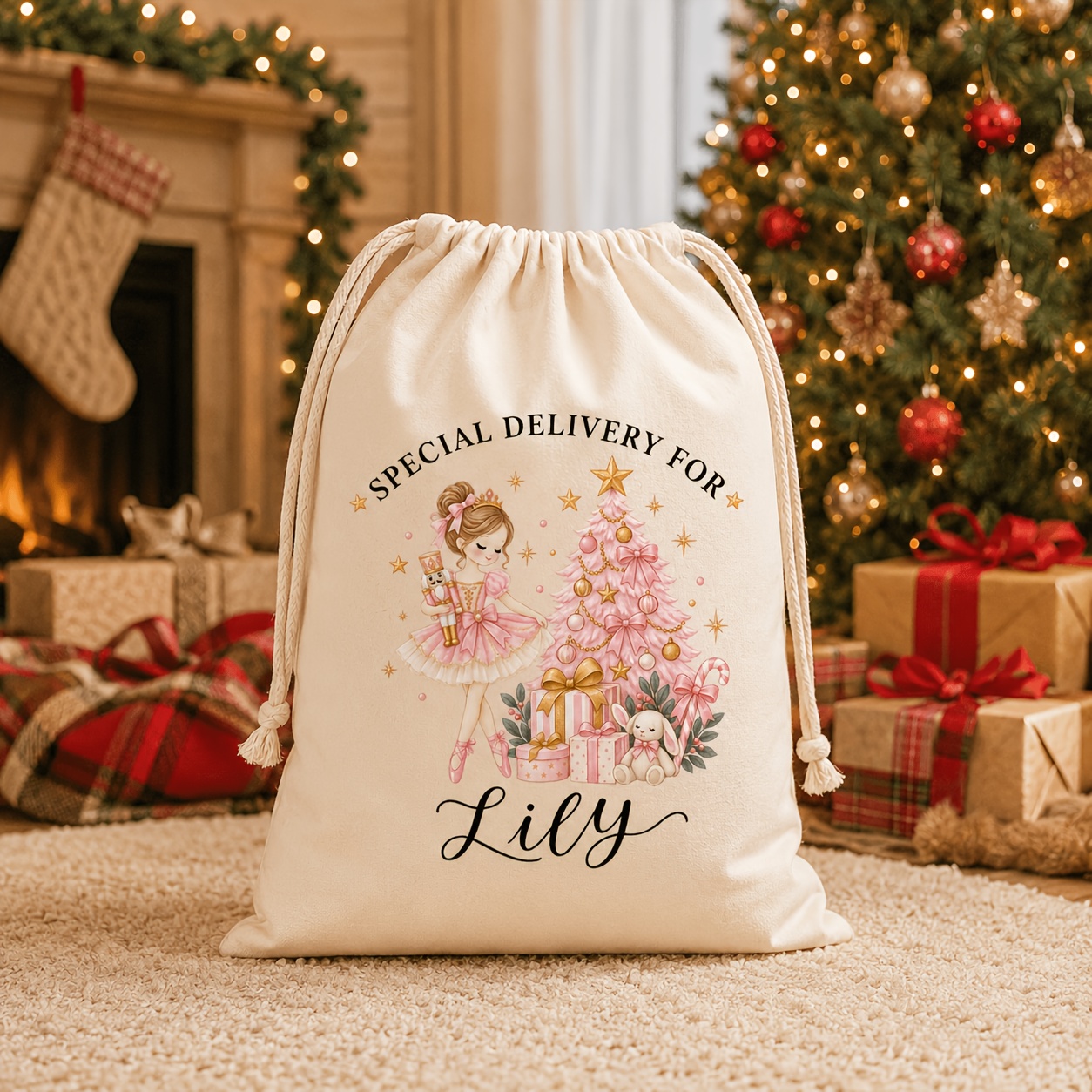TEMU Customizable Name Pink Girl Christmas Drawstring Gift Bag, Canvas Large Capacity Drawstring Gift Storage Bag, Christmas Holiday Surprise Gift