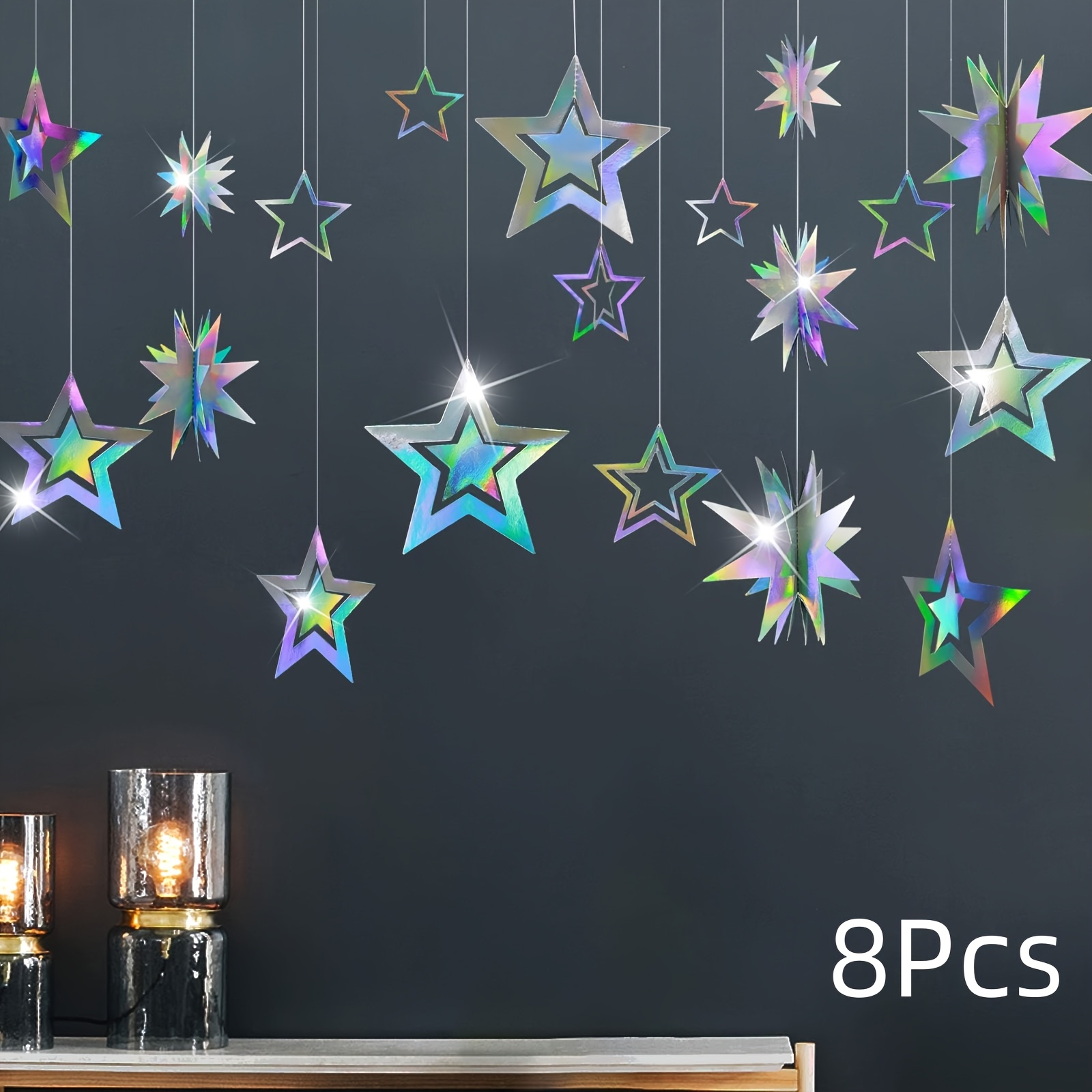 Image of Set Of 8 Shimmering Star Garlands For Decoration, Featuring Holographic Hanging Stars Perfect For Galaxy-themed Birthday Parties, Ramadan, Eid Celebrations, And Celestial-themed Events