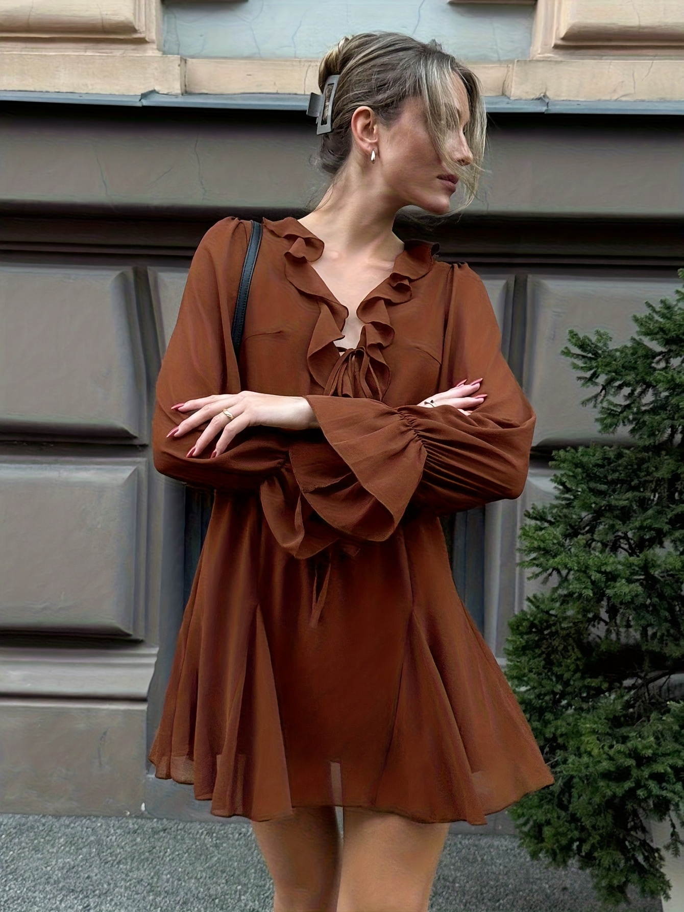 brown ruffle long sleeve dress Chocolate dress with ruffles, open shoulders