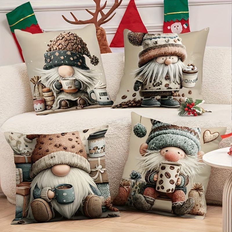 TEMU 4pcs, New Christmas, Simple And Warm Coffee, Cute Dwarf, Gift Pattern Pillowcase, Warm And Comfortable, Beautiful And Practical, With Sizes,