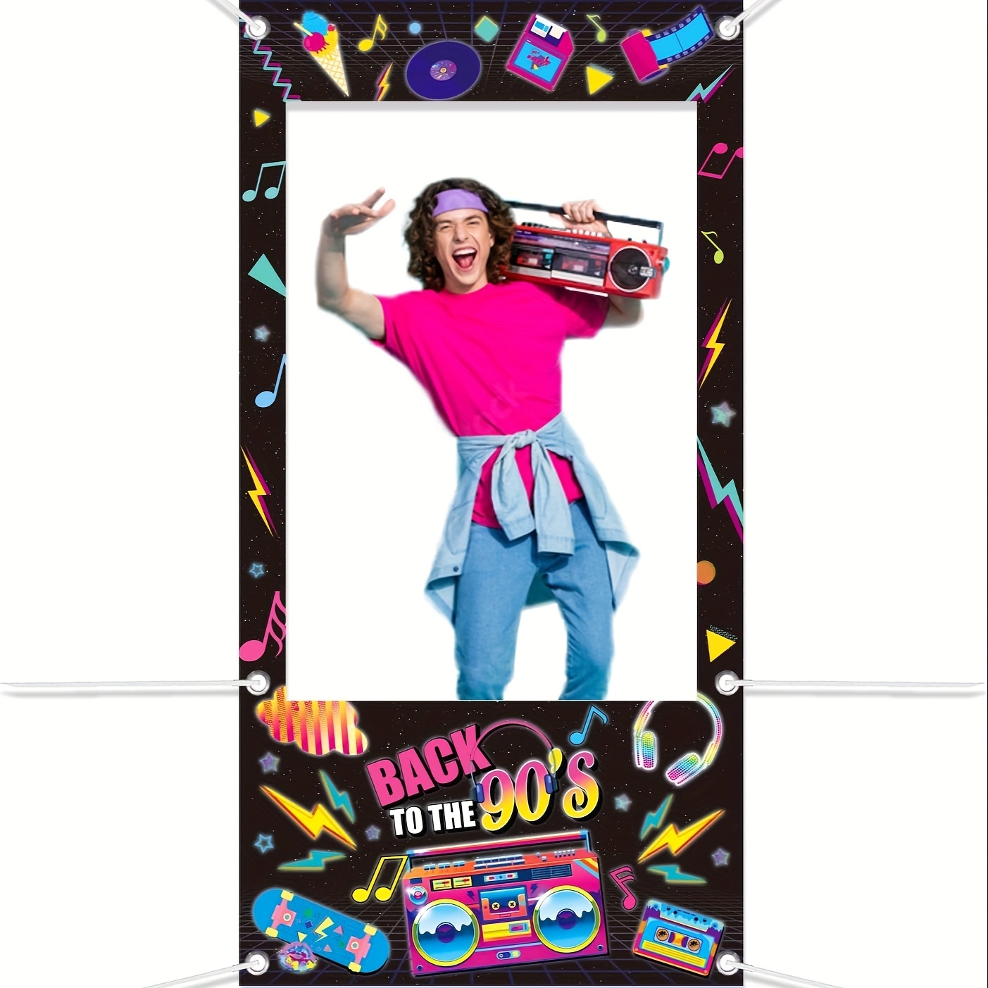 E-shop 90er Retro-Fotokabinen-Hintergrund mit Boombox, Kassette & Neonzeichen - Kein benötigt, 17x28 Zoll Vintage Hip-Hop Partydeko für 90.