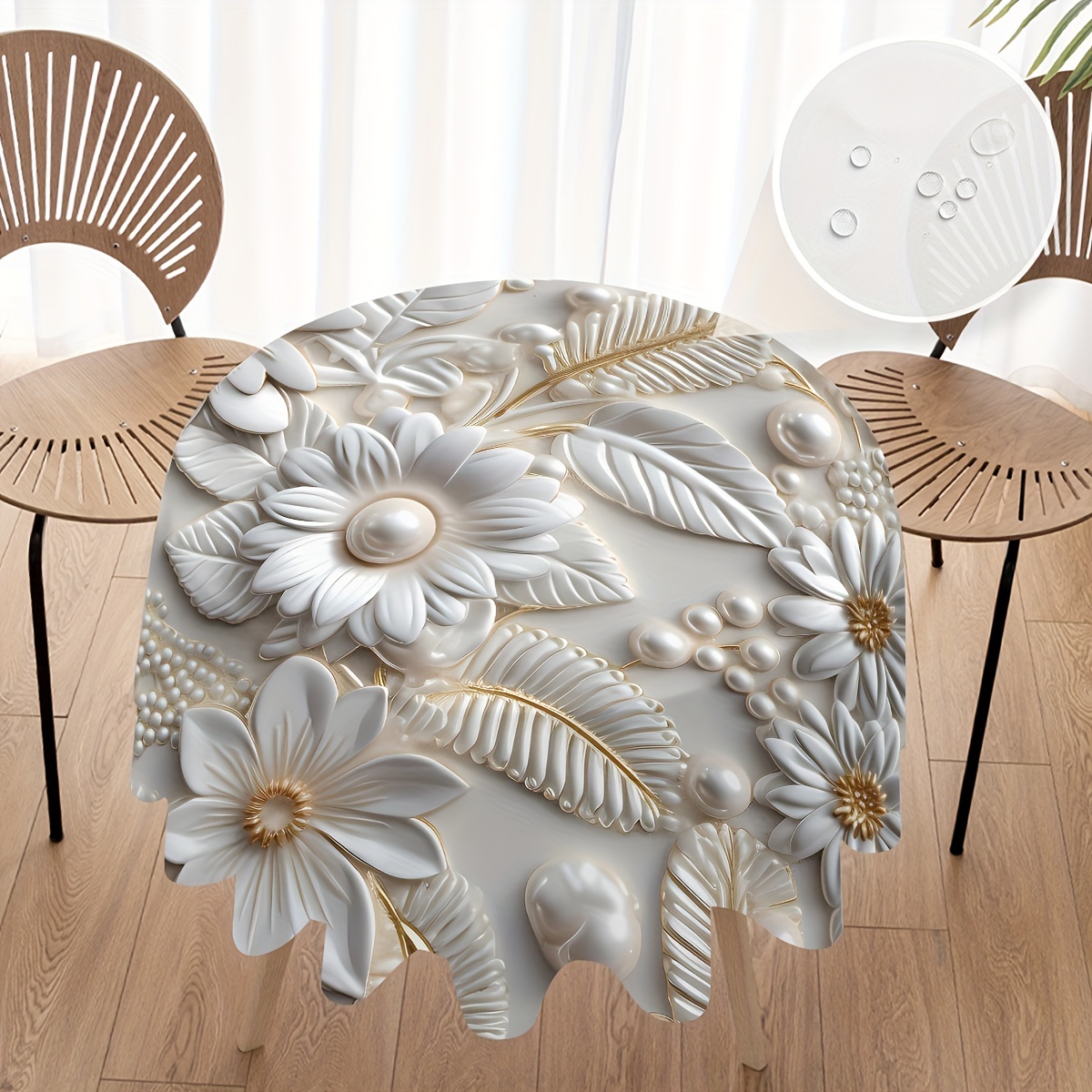 

1pc Polyester Round Tablecloth With 3d Golden Flowers - Waterproof, Stain Resistant, Woven Machine Made Pleated Table Cover For Parties, Banquets, Home Kitchen, And Patio Decoration