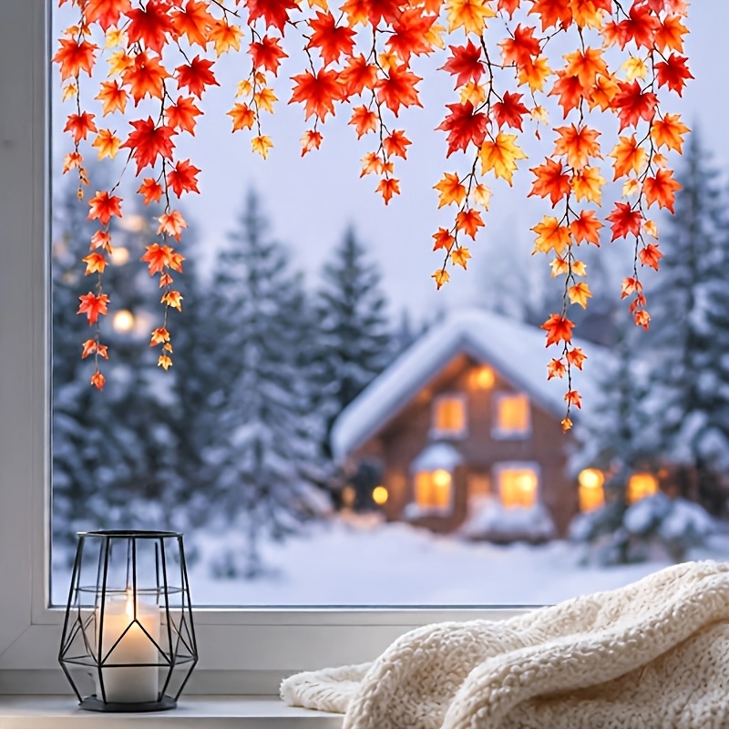 TEMU 1pc 40cm X 20cm Autumn Window Stickers, Hanging Maple Leaf Vine Flower Decals, Self-adhesive , Red And Orange Window Clings, Suitable For Room
