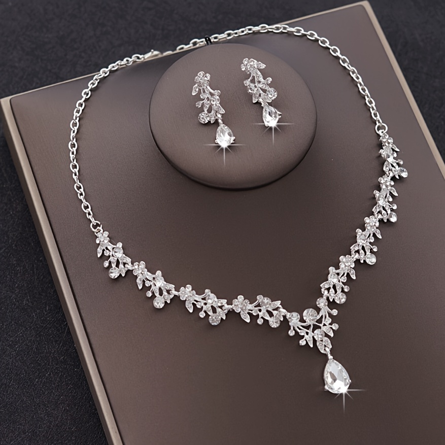 TEMU 2pcs Elegant Bridal Jewelry Artificial Zirconia Set, Intricate Silvery Necklace And Earring Set, Sparkling Wedding Accessories With Beautiful Details, Jewelry For Banquets