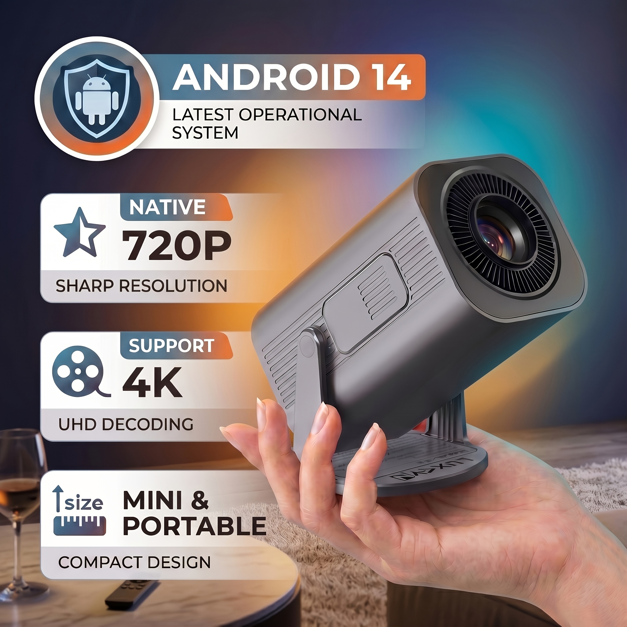 Image of Soccer 2026 Sports Event Fan Gear Pick: Luxvyn Gimbal 3pro Portable Projector, Native 720p, 4k , 14, Wifi6, Wireless Mirroring & , Mini Led, 180° Rotatable, Home Theater Outdoor Camping, Soccer
