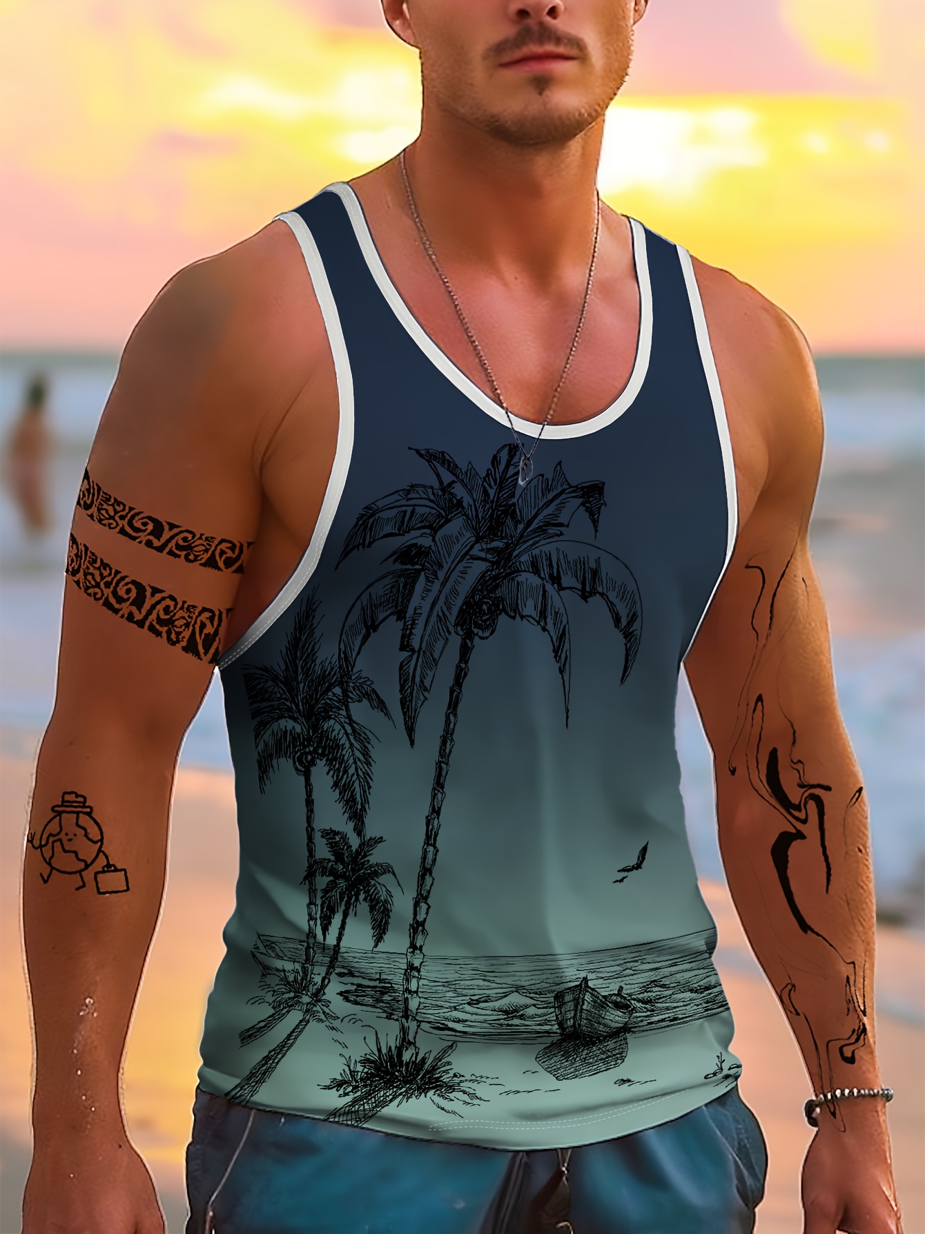 mens casual vest hawaiian style tropical beach vest palm Temu