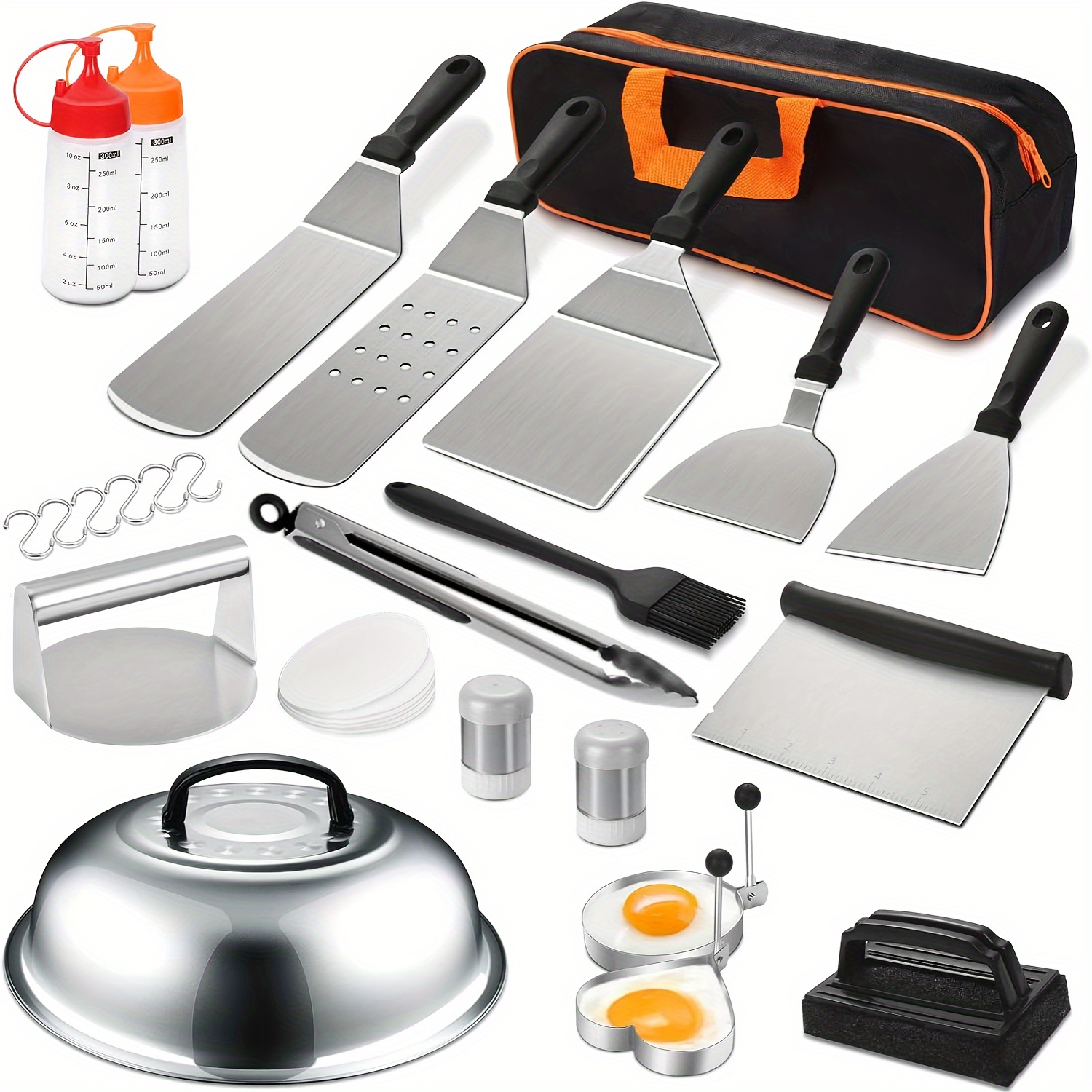 

25pcs Stainless Steel Accessories Set, Professional Flat Top Bbq Tools With Extended Spatulas, Scrapers, Egg Rings, Squeeze Bottles, For Outdoor Barbecue And Camping Chef Use