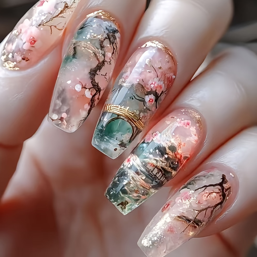 Minimalist 30pcs Medium And Long Jiangnan Full Garden Small Bridge Running Water Nail Fashion Temperament Versatile Easy High-end Sense Literary Wear Nail