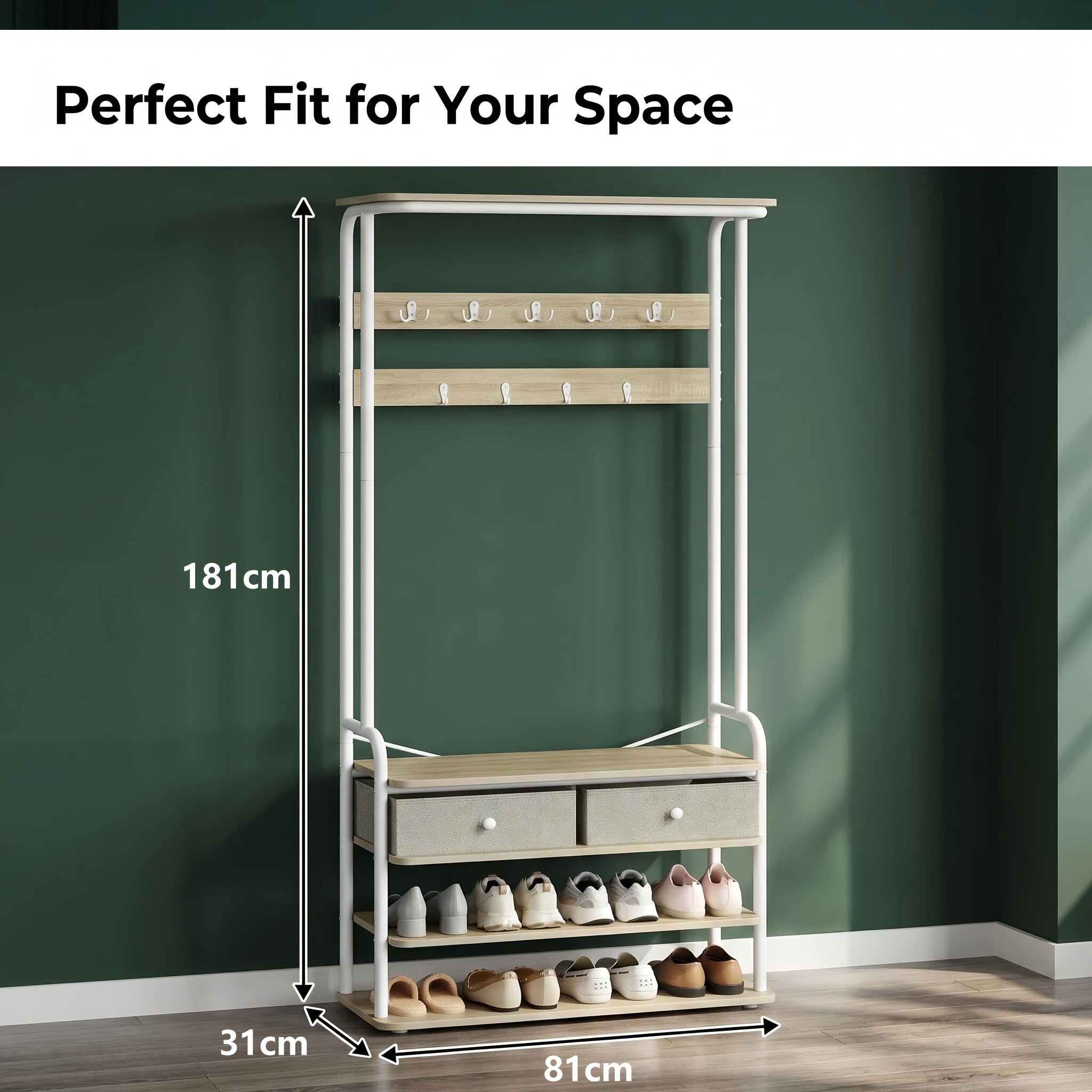 In A Cluttered Entryway With This Movable Fabric Drawer, Multiple Hooks, X-shaped Reinforced High-load-bearing Shoe Bench, And Adjustable Anti-tipping Mat. Made Of White Oak, For Home Use