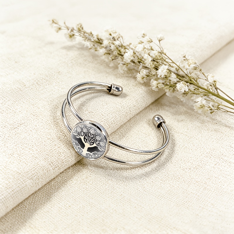 Adjustable Open Bangle with Round Gemstone Inlay, Tree of Life Design