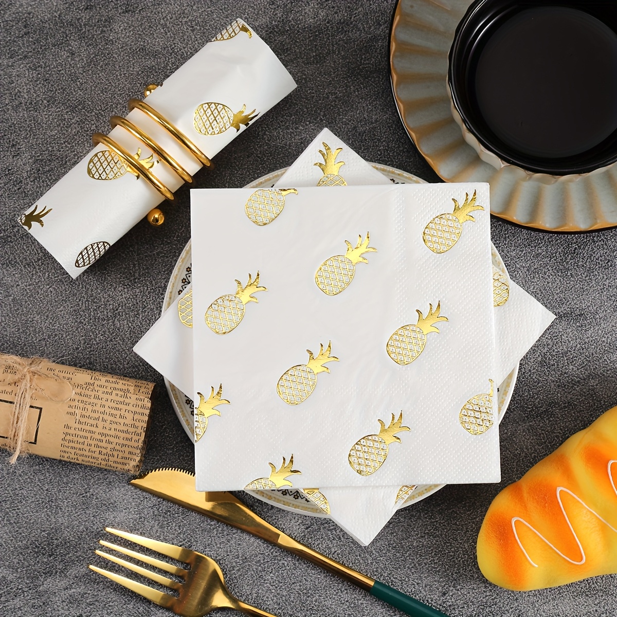 20pcs, 2025 New Style Hot Foil Pineapple Napkins, 9.84x9.84 Inches - Wedding Birthday Garden Party Decor Napkins, For Cafe Decor Supplies