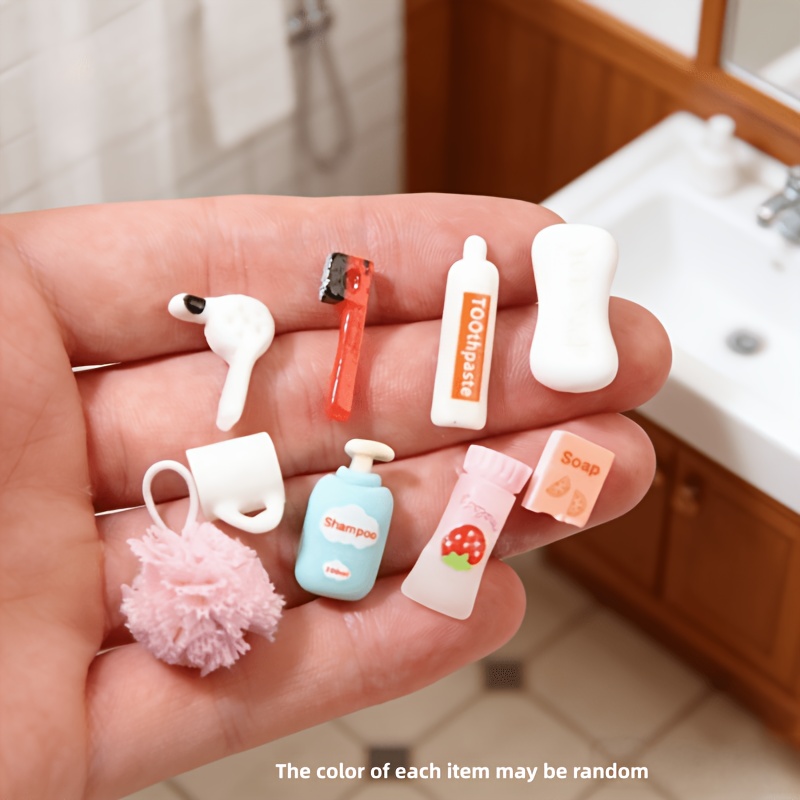 TEMU Ensemble de 9 mini accessoires de salle de bain, éponge de bain pour shampooing (couleur aléatoire), dentifrice, brosse à dents, savon, modèles