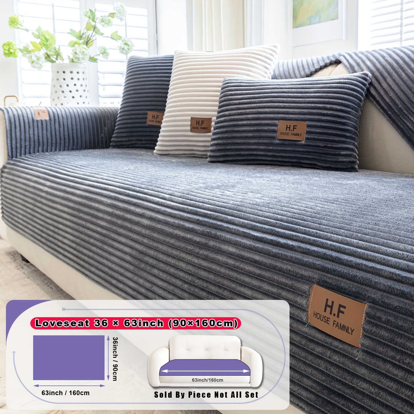 TEMU 1pc Hf Modern Plush Flannel Sofa Cushion Cover - Pet-friendly Non-slip Sofa Protector With Striped Design & Leather-like Patches, Machine