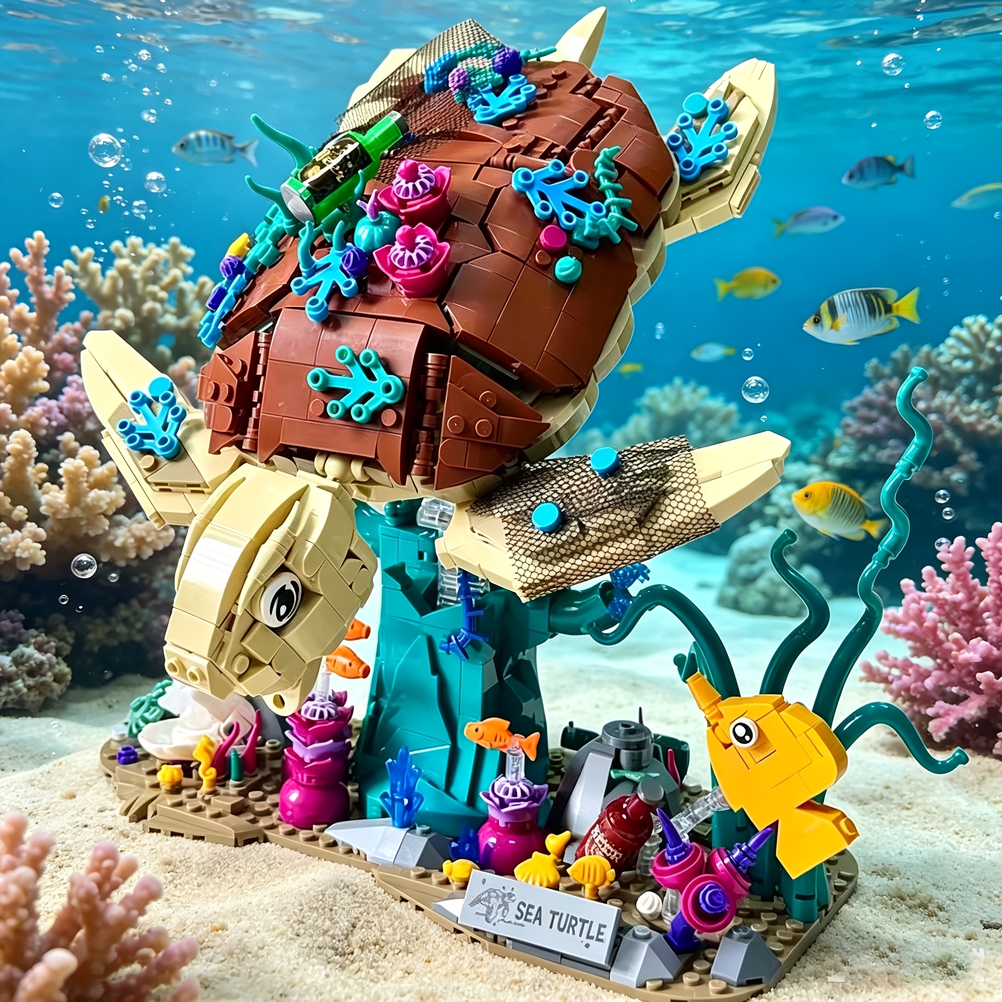 Submarine Sea Turtle Assembly Block Set with Coral Base