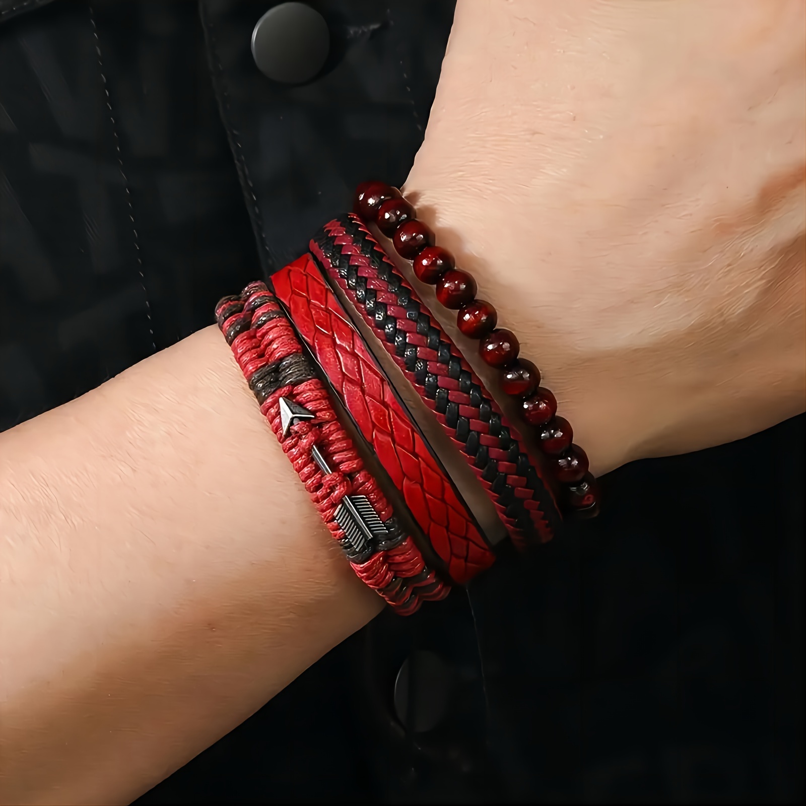 TEMU 4pcs Set, Simple And Stylish Wooden Bead Bangle Bangle Bracelet With Waxed Thread, Arrow-shaped Bangle
