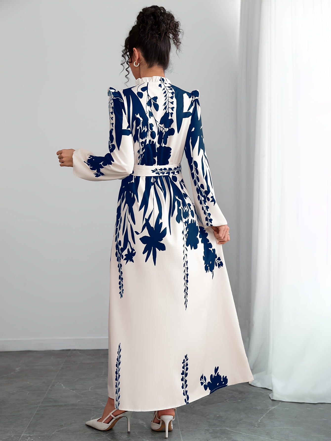 1pc Elegant Floral Print Long Sleeve A-Line Dress for Women with Lace-Up  Detail, Stand Collar, Woven Polyester Versatile for Spring/Summer/Fall