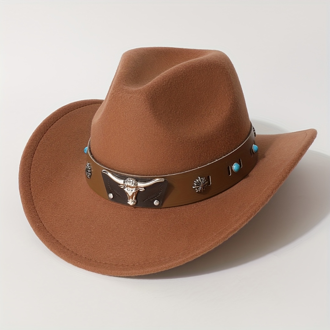 TEMU Hat Women's Hat Fashion Peach Wide Brim Felt Hat With Brown Wide Belt Silvery Metal Decoration Outdoor Performance Party Hat Western Cowboy Hat