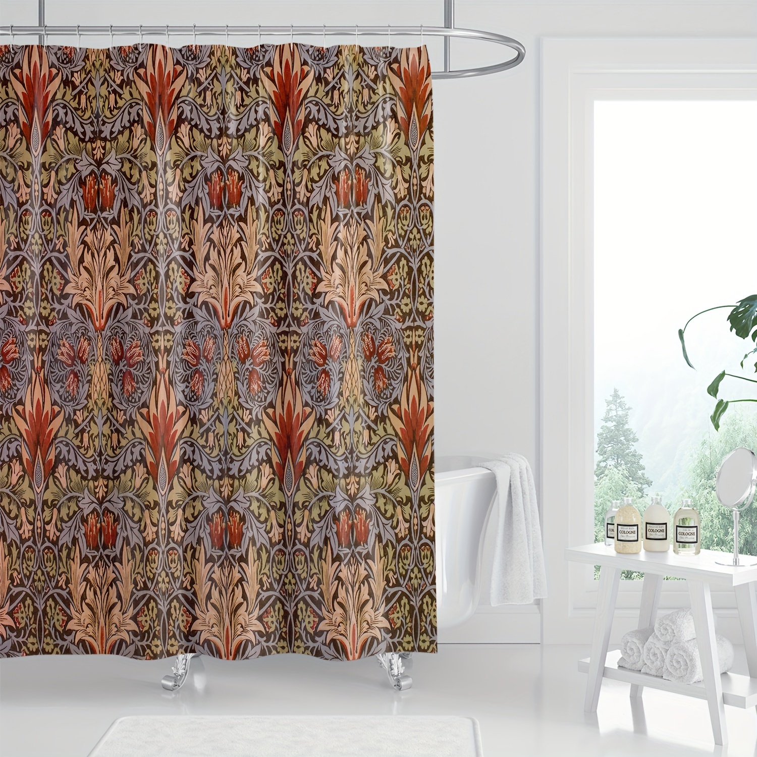 

1pc Bohemian Ethnic Floral Pattern Digital Print Shower Curtain, Waterproof Bathroom Decor With Hooks, Home Decor