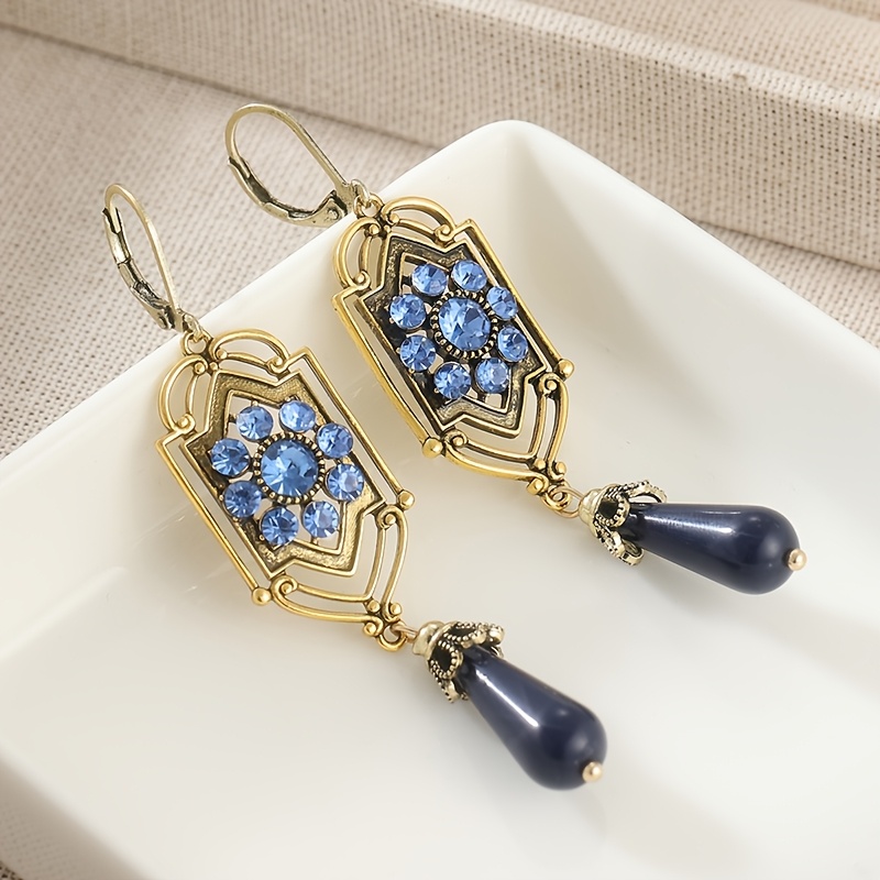 Image of Victorian Art Deco Earrings, Earrings Denim Blue Synthetic Zirconia Earrings Antiqued Golden Earrings