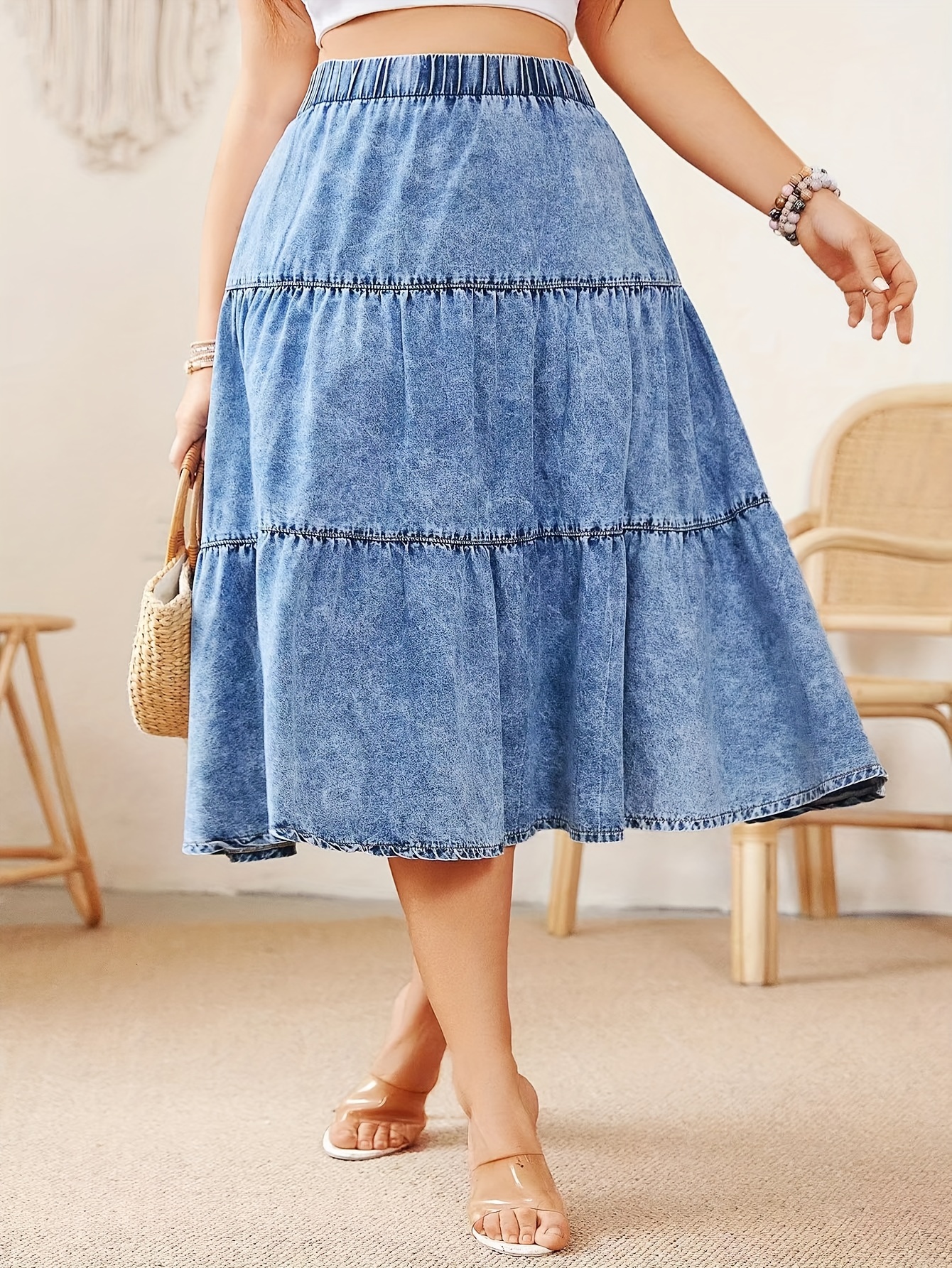 Plus size denim skirt outfit shops ideas