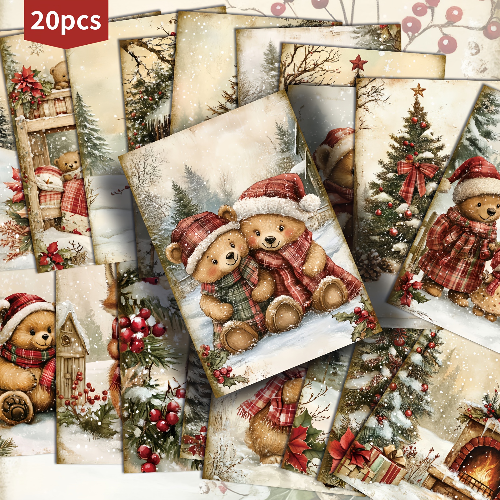 TEMU Set mit 20 Weihnachtskarten im Vintage-Stil mit roten und grünen Karomustern, Größe 4x6 Zoll. Ideal für Retro-Junk-Journals. Diese klassischen