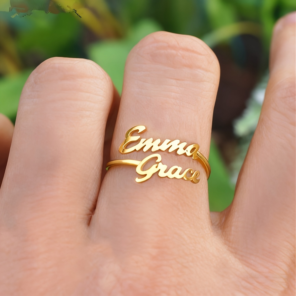 TEMU [customized] Personalized Stainless Steel Golden Name Ring, Open Name Ring, Double Layer , Customized Jewelry Gift, Birthday Gift, Holiday Gift,