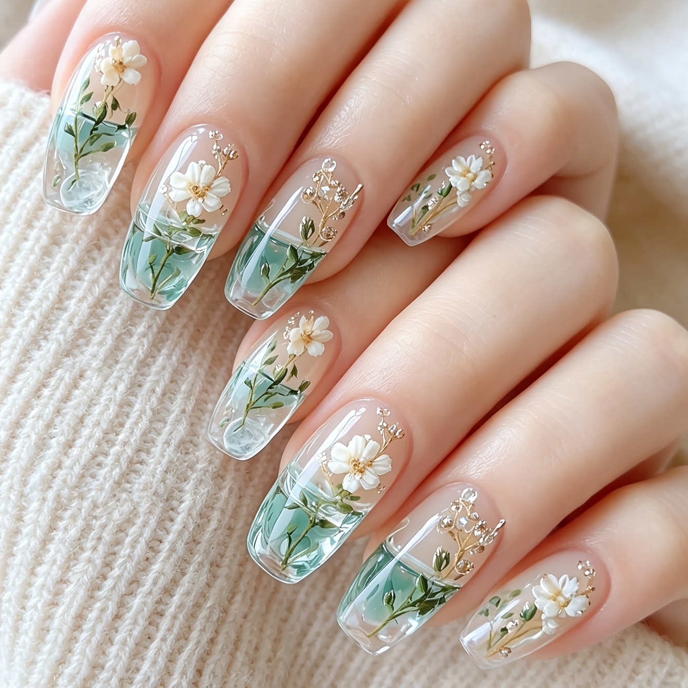 TEMU 24pcs Transparent Press-on Nails Suitable For Daily Wear, Parties & Vacations - Teal Gradient & Light Blue False Nail Tips With White Floral