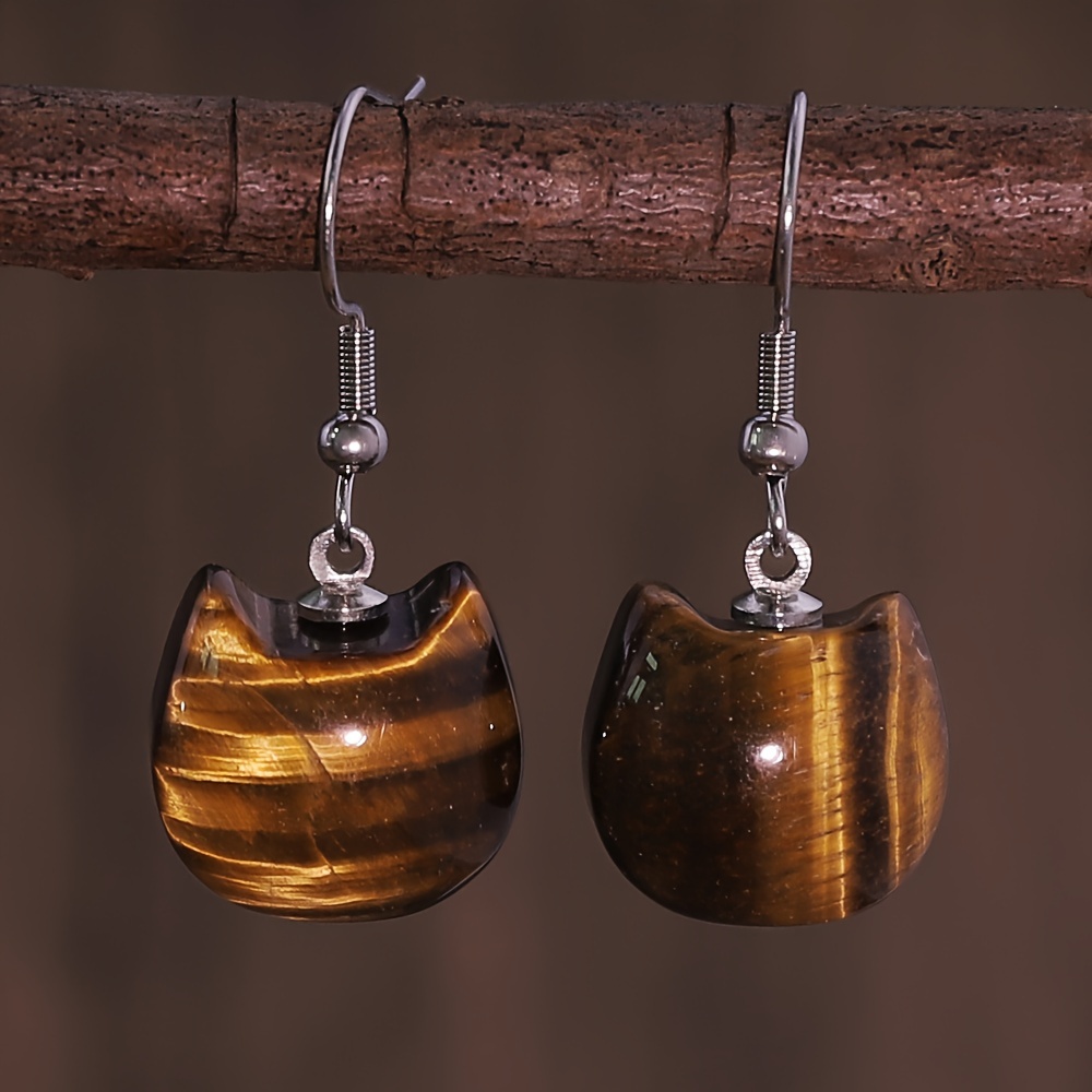 TEMU 1pc Natural Tiger Eye Amethyst Cat Head Earrings - Bohemian Style Handmade Jewelry With Copper Hooks, Unique Marbled For Everyday & Holiday Wear, Versatile Accessories