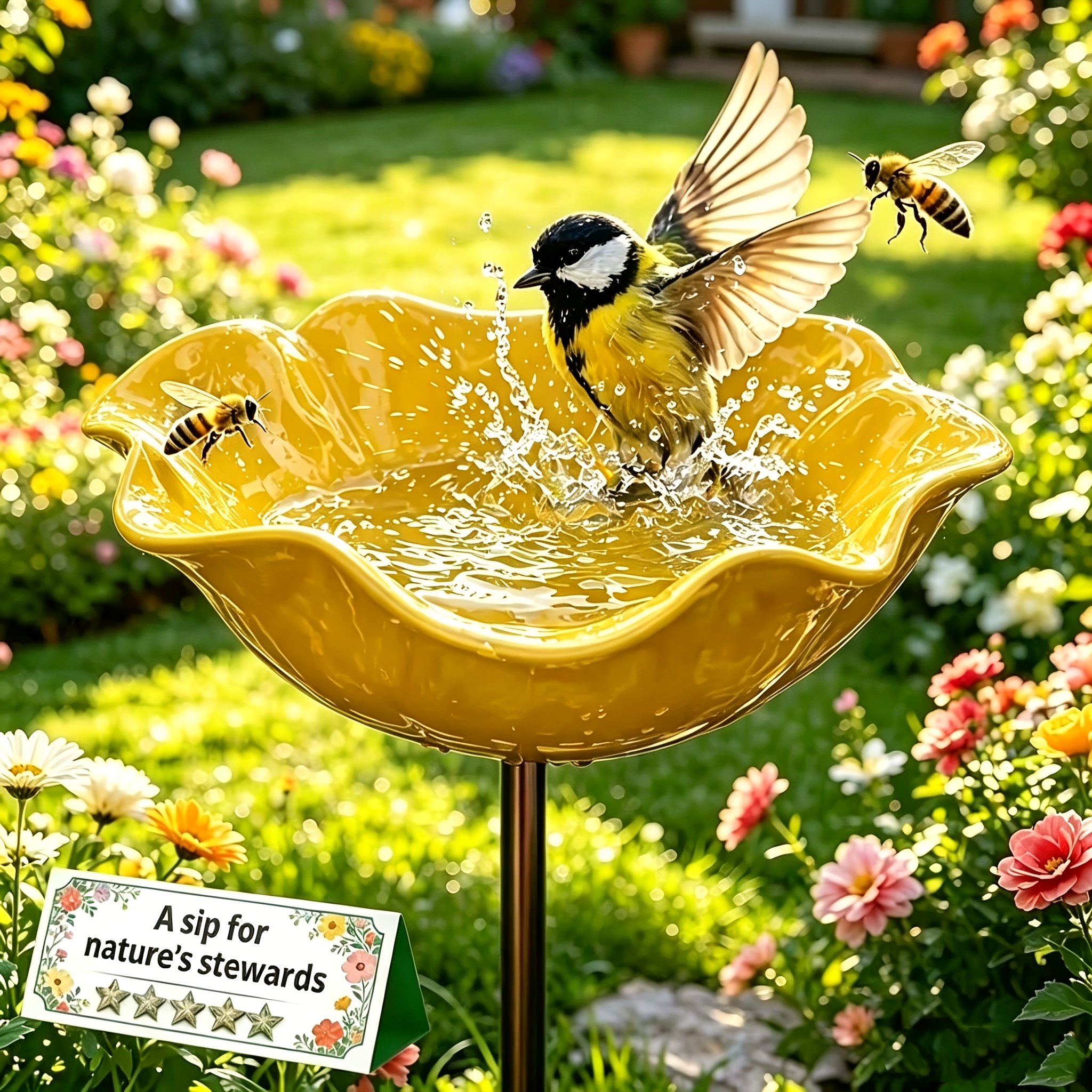 1 metal flower bird bath a metal floral bird bath and pollinating insect watering station that you can place anywhere   in flower beds lawn edges garden borders or   decorative planters