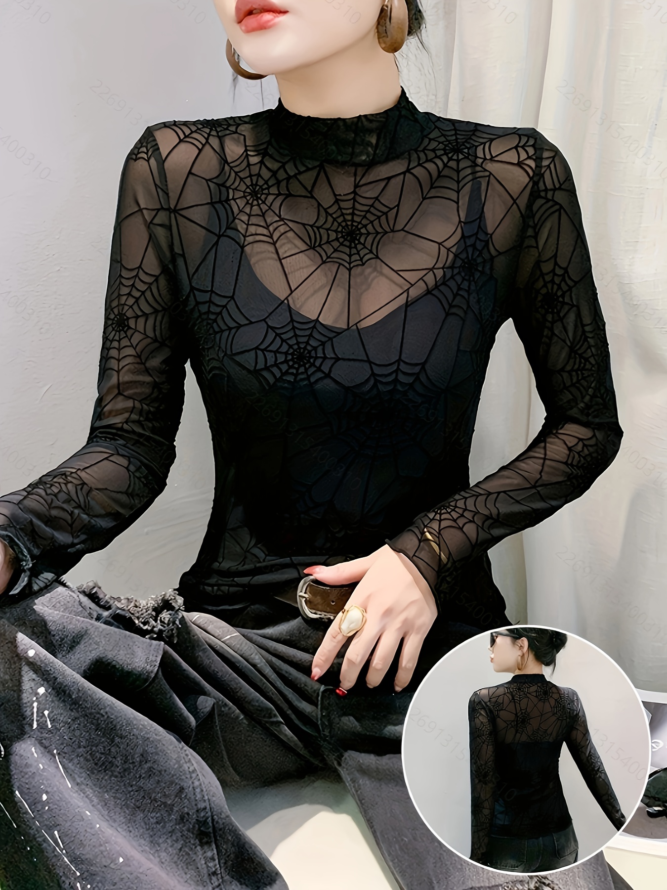 womens fit sheer spiderweb lace long sleeve t shirt - Temu Germany