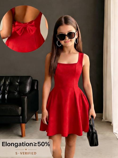 item picture girls summer casual solid color dress with u neck back and bow a fashionable and trendy gown suitable for daily casual wear and party