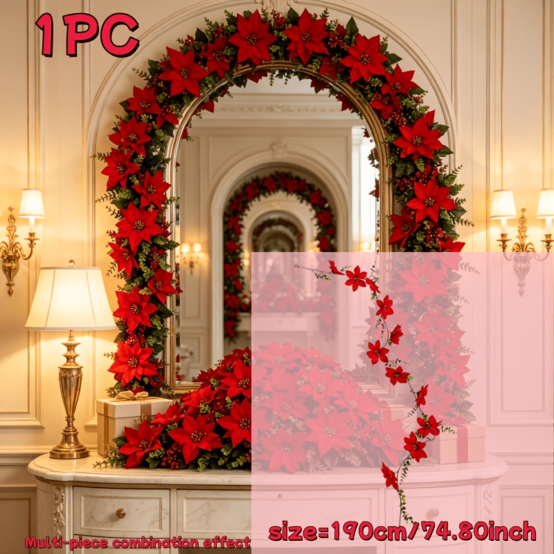 TEMU 1pc Of Artificial Red Poinsettia Christmas Wreath With Green Leaf Floral Vine. Features Vibrant Red Poinsettia Flowers And Delicate Green