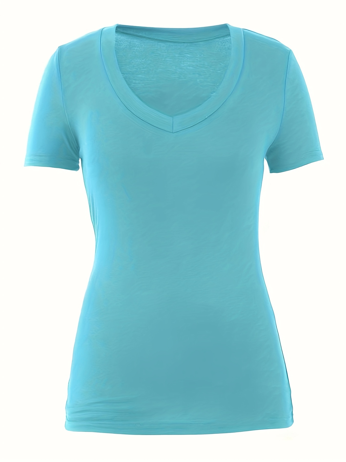 Plus Size Casual V-Neck T-Shirt for Women - Polyester Blend with 95% Polyester & 5% Spandex, Medium Stretch Knit Fabric, Solid Color, Suitable for Spring/Summer/Fall