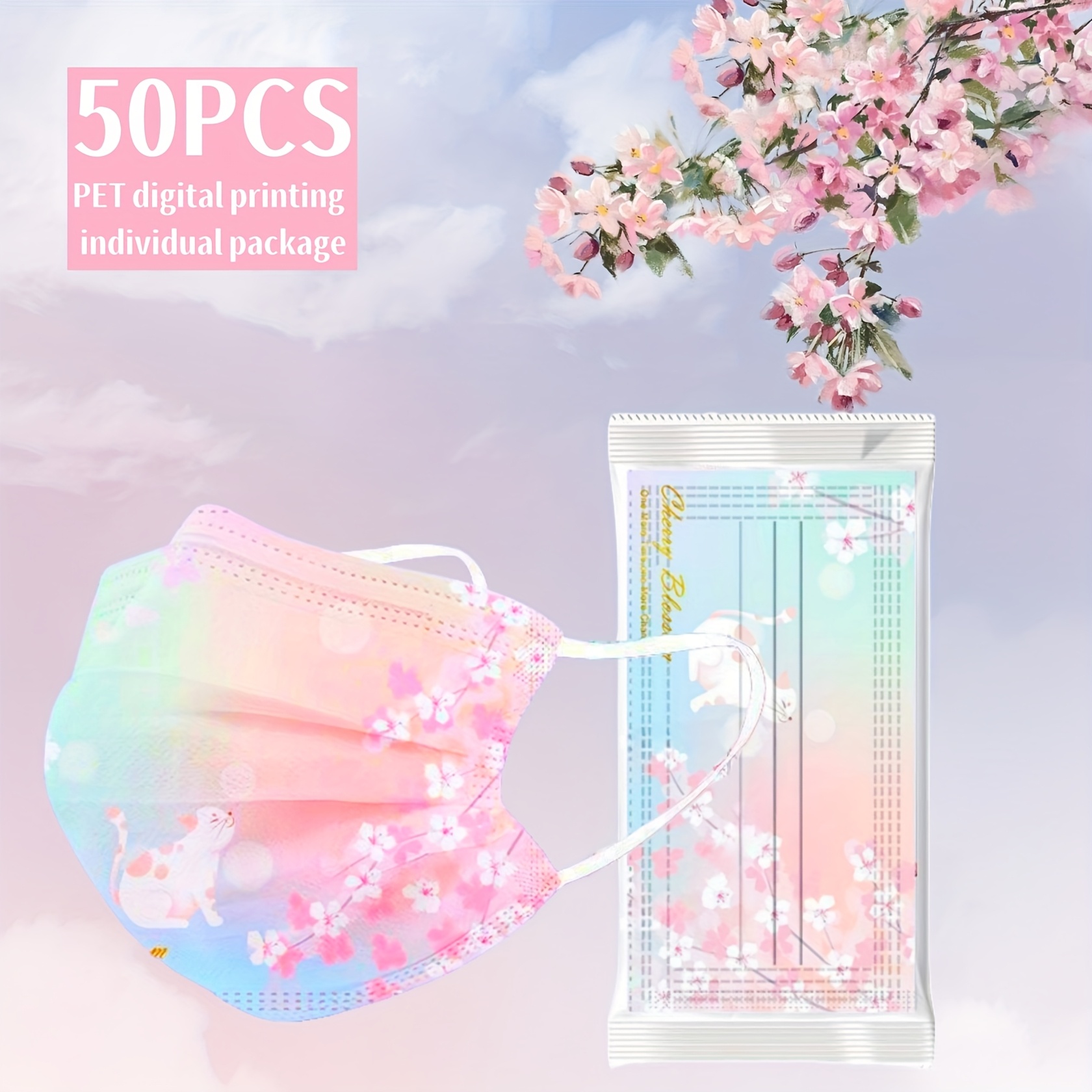 

50pcs Sakura Face Masks, Pet Digital Printing, Vibrant Colors, Individually Wrapped, Hypoallergenic, 3-ply Disposable Masks