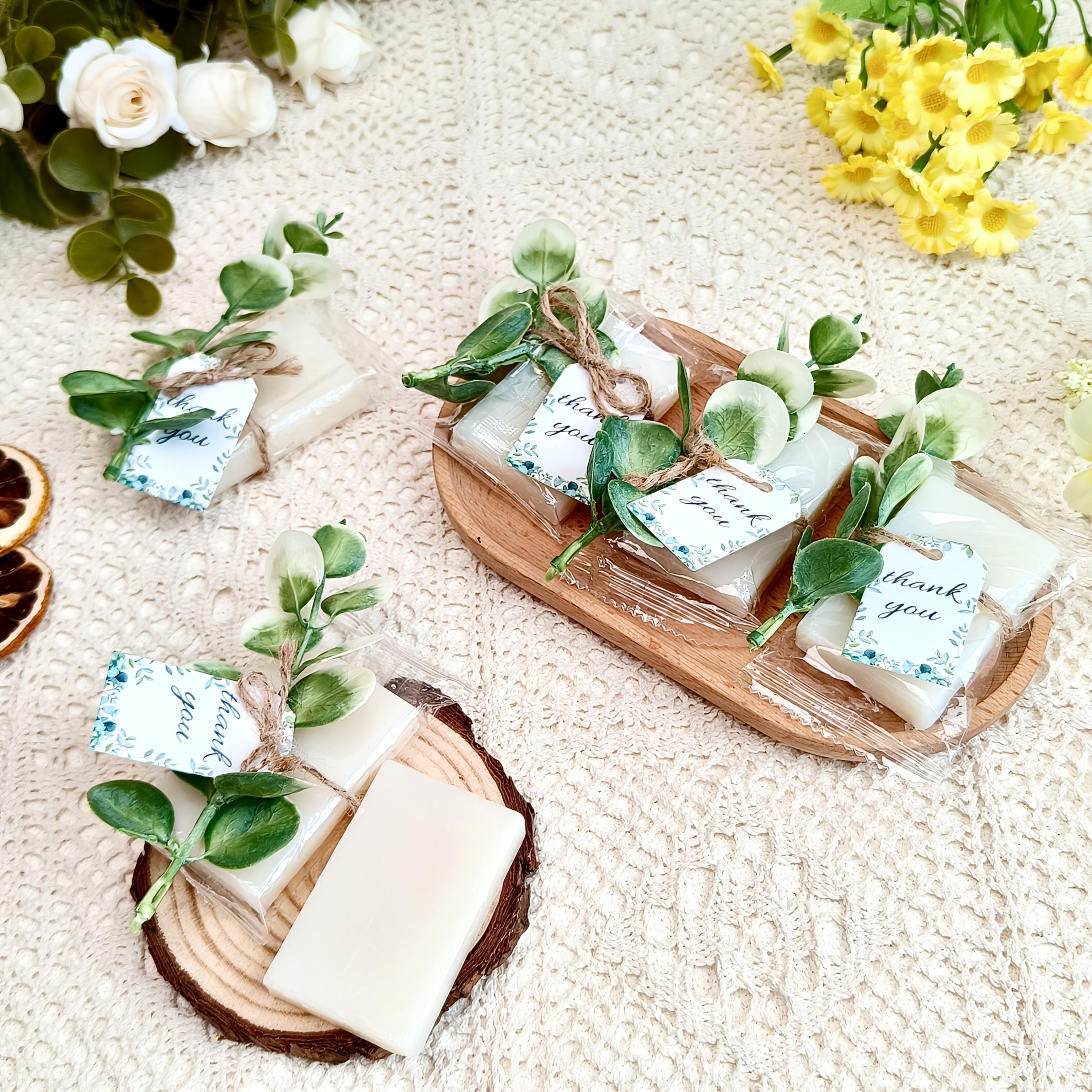 20pcs   mini soap favors scented stone soap bars with   eucalyptus greenery thank you gift cards elegant plastic wrapped white hand soaps for baby shower bridal shower wedding birthday party favors wedding accessories elegant presentation natural theme design 0