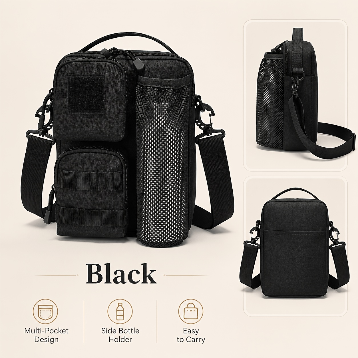 TEMU Multi-pocket Crossbody Bag With Side Bottle Holder & Detachable Strap - Adjustable Shoulder Pack, Compact Organizer Suitable For Travel,