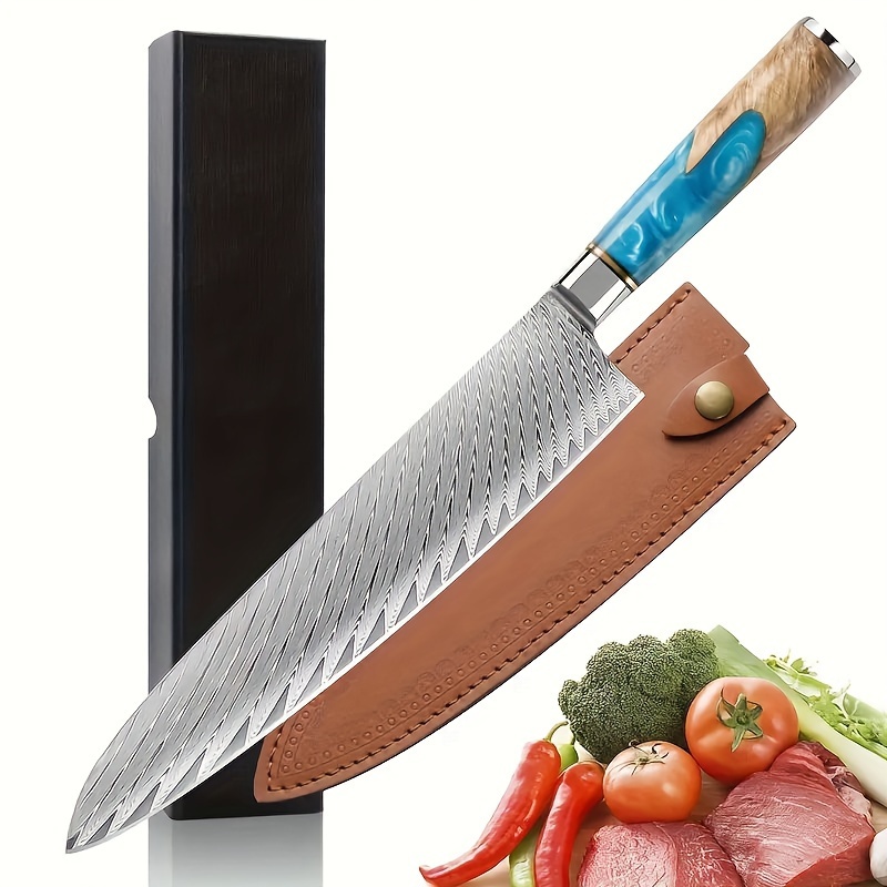 

Chef Knife, 9 Inch Damascus Chefs Knife, Damascus Steel Vegetable Cooking Knife, Kitchen Knife G10 Ergonomic Blue Handle With Gift Box And Leather Scabbard