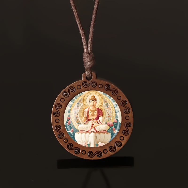Wooden Buddha Pendant Necklace with Lotus Base, Unisex