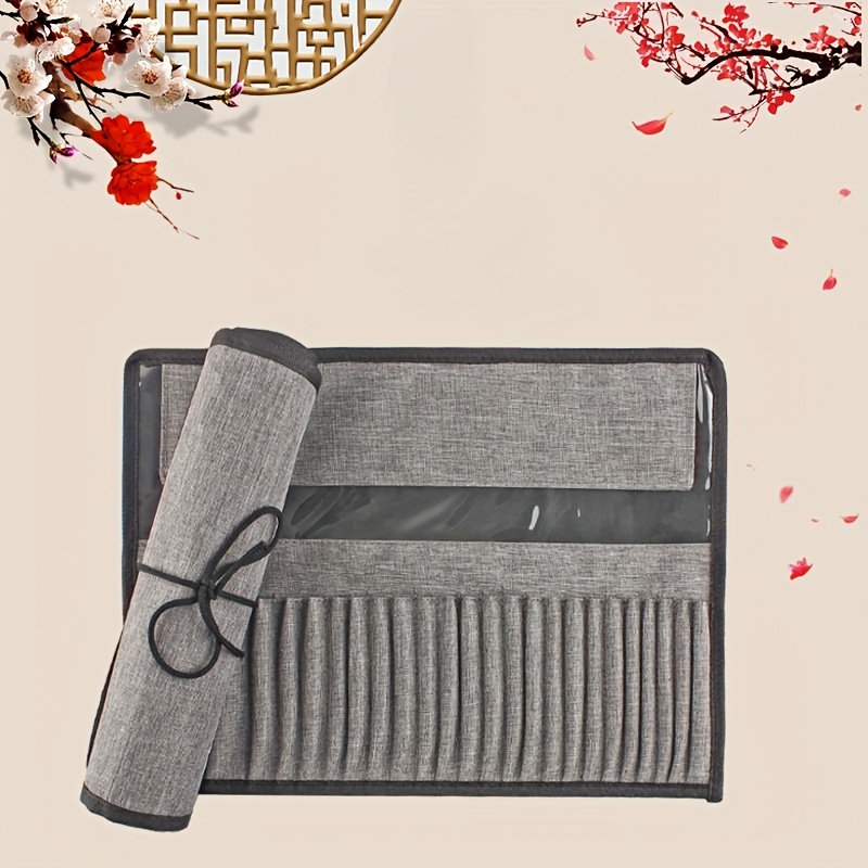 Image of [durable Art Brush Case] 24-slot Durable Nylon Art Brush Case | Portable Roll-up Paint Brush Holder And Organizer Storage Bag For Gouache And Watercolor Pens With Transparent Front Panel And Closure