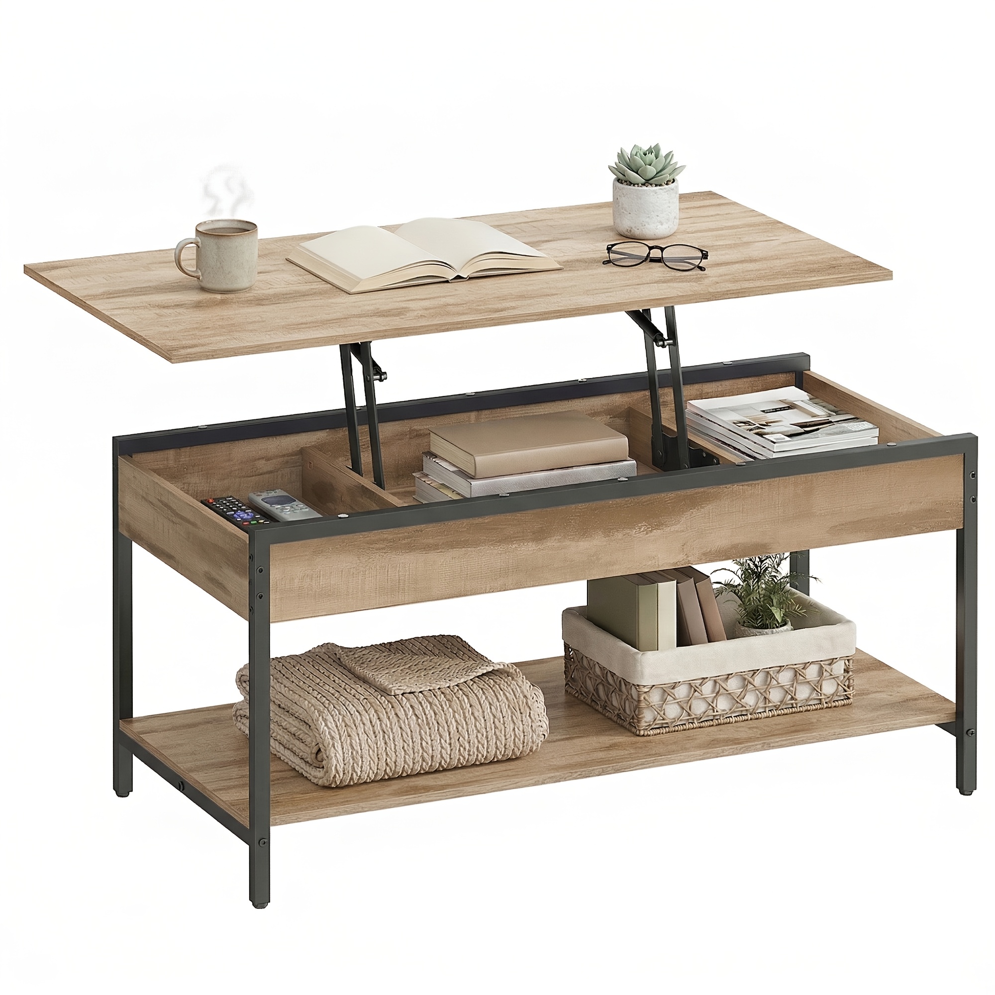TEMU Table basse à plateau relevable réglable avec mécanisme à gaz et rangement robuste - Convient pour canapé de salon, table de bureau à hauteur